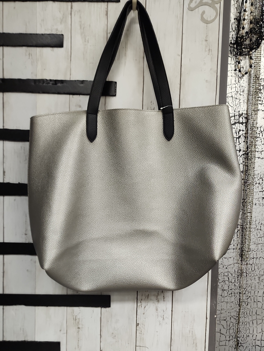 Arcadia Silver Tote with Black Handles
